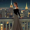 A sophisticated woman in a luxurious, flowing gown, standing on a balcony overlooking a grand cityscape at night, her expression thoughtful, city lights twinkling like stars behind her., Highly Detailed, Half Body, Gorgeous, Stunning, Elegant by Stanley Artgerm Lau