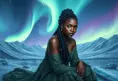 A detailed digital art of a woman with African features and beautiful braided hairstyle, sitting under the Northern Lights, surrounded by snowy landscapes, Highly Detailed, Intricate, Half Body, Realistic