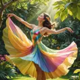 A graceful dancer mid-pose in a lush garden, her colorful attire swirling around her, sunlight filtering through the leaves, a soft smile on her face as she embodies joy and freedom., Highly Detailed, Half Body, Gorgeous, Stunning, Elegant by Stanley Artgerm Lau