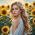 A luminous lady with a serene expression and flaxen hair, standing in a field of sunflowers under a clear sky, Highly Detailed, Half Body, Gorgeous, Stunning, Elegant by Stanley Artgerm Lau