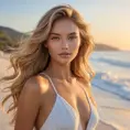 A radiant and confident supermodel with sun-kissed skin and luscious, honey-blonde locks, posing on a pristine beach at dawn, Highly Detailed, Half Body, Gorgeous, Stunning, Elegant by Stanley Artgerm Lau