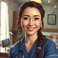 A gentle and compassionate nurse with a kind smile and warm, honey-brown eyes, set against a cozy and intimate hospital room, Highly Detailed, Half Body, Gorgeous, Stunning, Elegant by Stanley Artgerm Lau