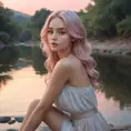 A delicate woman with a tranquil gaze and soft pink hair, seated beside a gently flowing river at dusk, Highly Detailed, Half Body, Gorgeous, Stunning, Elegant by Stanley Artgerm Lau