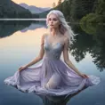 An ethereal woman with silver-white hair, soft violet eyes, and an airy chiffon dress, floating gracefully above a tranquil, mirror-like lake at twilight, Highly Detailed, Half Body, Gorgeous, Stunning, Elegant by Stanley Artgerm Lau