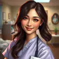 A gentle and compassionate nurse with a kind smile and warm, honey-brown eyes, set against a cozy and intimate hospital room, Highly Detailed, Half Body, Gorgeous, Stunning, Elegant by Stanley Artgerm Lau