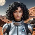 A retro-futuristic illustration of a woman with curly black hair and dark features, wearing a stylish silver spacesuit, exploring Mars' surface, Highly Detailed, Intricate, Half Body, Realistic