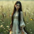 An ethereal beauty with long black hair, dressed in a delicate silk gown adorned with subtle golden accents, standing amidst a field of wildflowers, Highly Detailed, Half Body, Gorgeous, Stunning, Elegant by Stanley Artgerm Lau