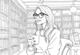 A minimalist line art drawing of a woman with glasses and a kind smile, holding a cup of coffee while sitting quietly in an antique bookstore, Highly Detailed, Intricate, Half Body, Realistic