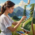 a creative woman painting a beautiful landscape, Highly Detailed, Half Body, Gorgeous, Stunning, Elegant by Stanley Artgerm Lau