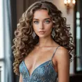 A stunning woman with piercing blue eyes and long, curly brown hair, posing in a elegant evening gown, Highly Detailed, Half Body, Gorgeous, Stunning, Elegant