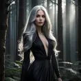 A mysterious woman with long silver hair, dressed in a sleek black gown, standing in a moonlit forest, shadows casting over her face, a mystical aura surrounding her, dramatic lighting, high contrast, Highly Detailed, Half Body, Gorgeous, Stunning, Elegant by Stanley Artgerm Lau