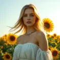 A luminous lady with a serene expression and flaxen hair, standing in a field of sunflowers under a clear sky, Highly Detailed, Half Body, Gorgeous, Stunning, Elegant by Stanley Artgerm Lau