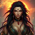 A strong and regal warrior queen with piercing emerald eyes and raven-black hair, set against a fiery sunset, Highly Detailed, Half Body, Gorgeous, Stunning, Elegant by Stanley Artgerm Lau