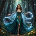 A mystical sorceress in a dark forest, her luminescent gown shimmering with magic, wildflowers blooming at her feet, casting spells as swirling lights dance around her., Highly Detailed, Half Body, Gorgeous, Stunning, Elegant by Stanley Artgerm Lau