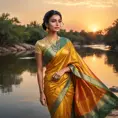 A gorgeous woman with glowing olive skin, wearing a traditional silk sari, standing by a river at sunset, the sky ablaze with colors, the water reflecting the vibrant hues, serene expression, richly detailed, Highly Detailed, Half Body, Gorgeous, Stunning, Elegant by Stanley Artgerm Lau