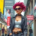 A stylish fashionista in a modern urban setting, sporting a chic outfit and oversized sunglasses, her confident stance and vibrant hairstyle making her the center of attention., Highly Detailed, Half Body, Gorgeous, Stunning, Elegant by Stanley Artgerm Lau