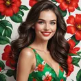 A vibrant brunette with striking green eyes, sporting a bright red lipsticked smile, wearing a bold floral print dress that complements her lively personality, Highly Detailed, Half Body, Gorgeous, Stunning, Elegant by Stanley Artgerm Lau