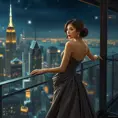 A sophisticated woman in a luxurious, flowing gown, standing on a balcony overlooking a grand cityscape at night, her expression thoughtful, city lights twinkling like stars behind her., Highly Detailed, Half Body, Gorgeous, Stunning, Elegant by Stanley Artgerm Lau