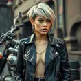 A striking woman with short platinum blonde hair, wearing a chic black leather jacket, leaning against a vintage motorcycle, gritty urban background, bold and edgy, cinematic lighting, Highly Detailed, Half Body, Gorgeous, Stunning, Elegant by Stanley Artgerm Lau