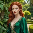 A vibrant Renaissance-style portrait of a woman with fiery red hair and emerald green eyes, wearing an elegant silk gown, set against a lush garden backdrop., Highly Detailed, Half Body, Gorgeous, Stunning, Elegant by Stanley Artgerm Lau