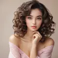 An elegant brunette with soft curls framing her face, dressed in a pastel pink丝绸衫搭配白色短裤，优雅地坐在一把藤椅上，手中拿着一本书, Highly Detailed, Half Body, Gorgeous, Stunning, Elegant by Stanley Artgerm Lau