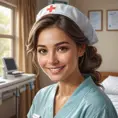 A gentle and compassionate nurse with a kind smile and warm, honey-brown eyes, set against a cozy and intimate hospital room, Highly Detailed, Half Body, Gorgeous, Stunning, Elegant by Stanley Artgerm Lau