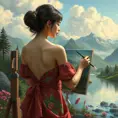 a creative woman painting a beautiful landscape, Highly Detailed, Half Body, Gorgeous, Stunning, Elegant by Stanley Artgerm Lau