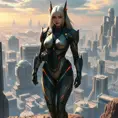 A fearless woman with an athletic build, wearing futuristic armor with elegant lines and soft LED accents, poised atop a cliff overlooking a sprawling sci-fi cityscape, Highly Detailed, Half Body, Gorgeous, Stunning, Elegant by Stanley Artgerm Lau