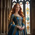 A stunning woman with long red hair, wearing an intricately detailed medieval gown, standing in a grand castle hall, the light streaming through stained glass windows, regal and majestic, Highly Detailed, Half Body, Gorgeous, Stunning, Elegant by Stanley Artgerm Lau