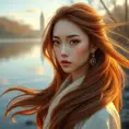 A serene beauty with almond-shaped eyes and flowing chestnut hair, standing by a tranquil lake at dawn, Highly Detailed, Half Body, Gorgeous, Stunning, Elegant by Stanley Artgerm Lau