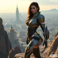 A fearless woman with an athletic build, wearing futuristic armor with elegant lines and soft LED accents, poised atop a cliff overlooking a sprawling sci-fi cityscape, Highly Detailed, Half Body, Gorgeous, Stunning, Elegant by Stanley Artgerm Lau