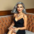 A sophisticated woman in her early 40s, silver hair flowing gently, dressed in a classic LBD with diamond earrings and clutch, seated elegantly on a velvet sofa, Highly Detailed, Half Body, Gorgeous, Stunning, Elegant by Stanley Artgerm Lau