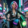 A woman with pink hair and heterochromatic eyes (one blue, one green), riding her motorcycle through neon-lit city streets at night, Highly Detailed, Intricate, Half Body, Realistic