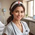 A gentle and compassionate nurse with a kind smile and warm, honey-brown eyes, set against a cozy and intimate hospital room, Highly Detailed, Half Body, Gorgeous, Stunning, Elegant by Stanley Artgerm Lau