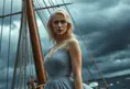 A cinematic still featuring a woman with striking blue eyes and platinum blonde hair, dressed in an elegant gown, standing confidently at the prow of a majestic sailing ship under stormy skies, Highly Detailed, Intricate, Half Body, Realistic