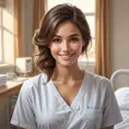 A gentle and compassionate nurse with a kind smile and warm, honey-brown eyes, set against a cozy and intimate hospital room, Highly Detailed, Half Body, Gorgeous, Stunning, Elegant by Stanley Artgerm Lau