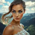 a stunning woman with piercing blue eyes, gazing out at a breathtaking mountain vista, Highly Detailed, Half Body, Gorgeous, Stunning, Elegant by Stanley Artgerm Lau