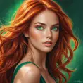 A vibrantly beautiful woman with fiery red hair, emerald green eyes, and a passionate expression, radiating energy and intensity, Highly Detailed, Half Body, Gorgeous, Stunning, Elegant by Stanley Artgerm Lau