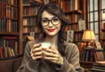 Woman with glasses and a kind smile, holding a cup of coffee while sitting quietly in an antique bookstore, Highly Detailed, Intricate, Half Body, Realistic