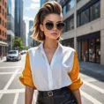 A stylish fashionista in a modern urban setting, sporting a chic outfit and oversized sunglasses, her confident stance and vibrant hairstyle making her the center of attention., Highly Detailed, Half Body, Gorgeous, Stunning, Elegant by Stanley Artgerm Lau