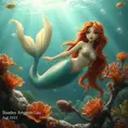 a whimsical mermaid with shimmering scales and a flowing auburn mane, swimming amidst coral reefs, Highly Detailed, Half Body, Gorgeous, Stunning, Elegant by Stanley Artgerm Lau