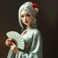 An ancient beauty with snowy white hair, dressed in an intricately embroidered traditional Chinese qipao, holding a jade fan while looking towards the viewer, Highly Detailed, Half Body, Gorgeous, Stunning, Elegant by Stanley Artgerm Lau