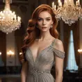 A stunning woman with flowing auburn hair, wearing an elegant evening gown, standing in a dimly lit ballroom with chandeliers, soft light highlighting her features, highly detailed, realistic, cinematic lighting, Highly Detailed, Half Body, Gorgeous, Stunning, Elegant by Stanley Artgerm Lau