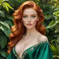 A vibrant Renaissance-style portrait of a woman with fiery red hair and emerald green eyes, wearing an elegant silk gown, set against a lush garden backdrop., Highly Detailed, Half Body, Gorgeous, Stunning, Elegant by Stanley Artgerm Lau