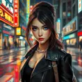 A captivating woman with piercing blue eyes, wearing a modern, stylish outfit, walking through a bustling city at night, neon lights reflecting off wet pavement, urban setting, dynamic composition, Highly Detailed, Half Body, Gorgeous, Stunning, Elegant by Stanley Artgerm Lau