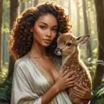 A captivating vision of a woman with warm brown skin and mahogany curls, cradling a small fawn in her arms while surrounded by a lush, sunlit forest, dressed in simple yet elegant earth-toned garments., Highly Detailed, Half Body, Gorgeous, Stunning, Elegant by Stanley Artgerm Lau