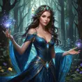 A mystical sorceress in a dark forest, her luminescent gown shimmering with magic, wildflowers blooming at her feet, casting spells as swirling lights dance around her., Highly Detailed, Half Body, Gorgeous, Stunning, Elegant by Stanley Artgerm Lau