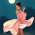 A graceful illustration of a woman with striking almond-shaped eyes and porcelain skin, dancing alone in a moonlit ballroom, her delicate pink silk dress billowing around her., Highly Detailed, Half Body, Gorgeous, Stunning, Elegant by Stanley Artgerm Lau