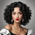 A stunning woman reminiscent of Salvador Dali's 'Gala', with bold red lips and curly black hair, Highly Detailed, Half Body, Gorgeous, Stunning, Elegant