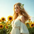 A luminous lady with a serene expression and flaxen hair, standing in a field of sunflowers under a clear sky, Highly Detailed, Half Body, Gorgeous, Stunning, Elegant by Stanley Artgerm Lau